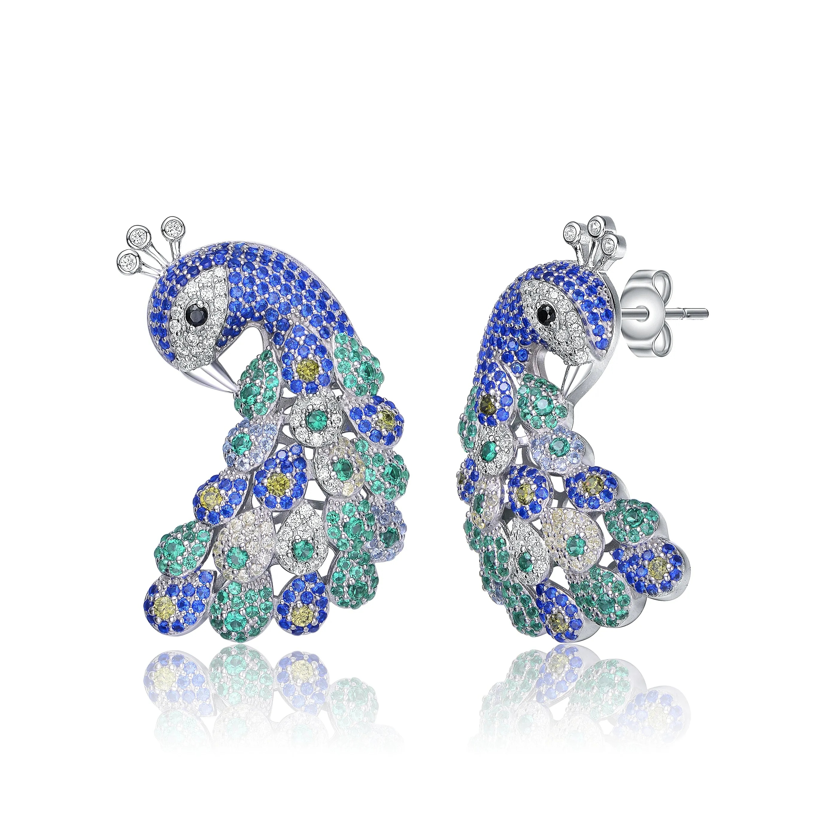 Sterling Silver White Gold Plated  Sapphire and Emerald Cubic Zirconia "Peacock" Butterfly Earrings