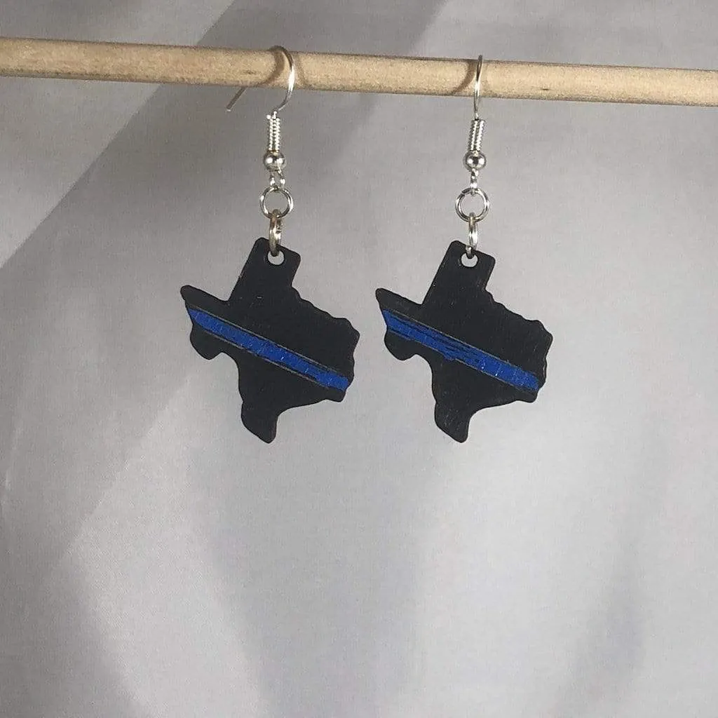 Texas State Thin Blue Line Wooden Dangle Earrings by Cate's Concepts, LLC