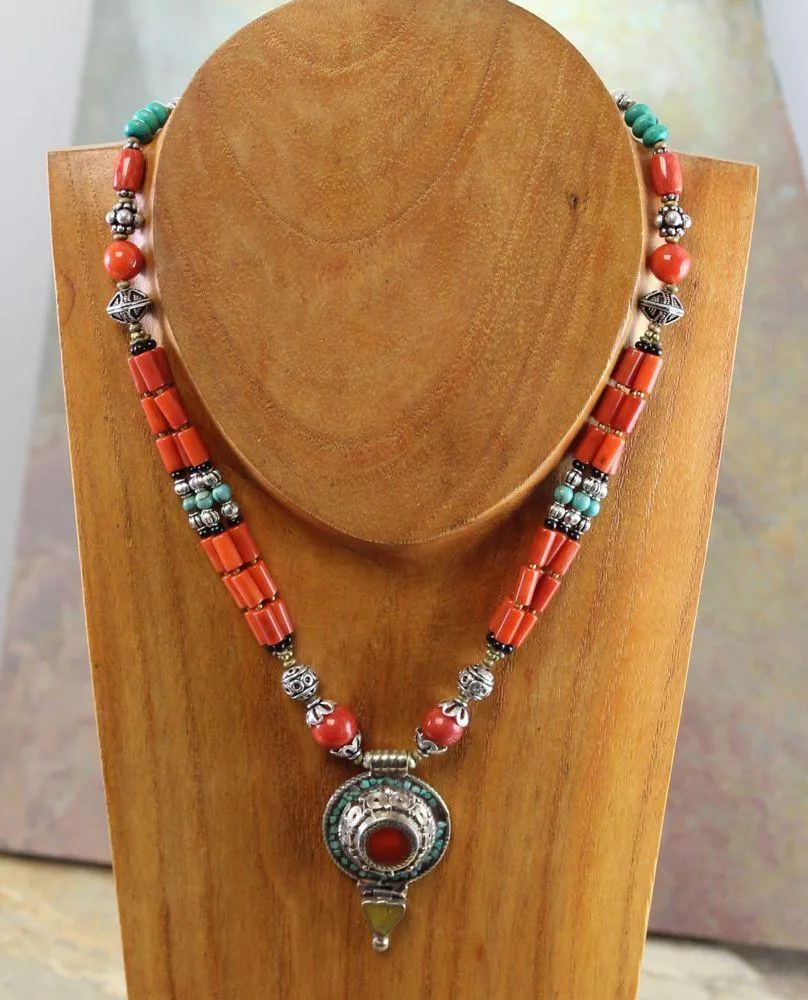 Traditional Tibetan Amber Turquoise and Coral Necklace