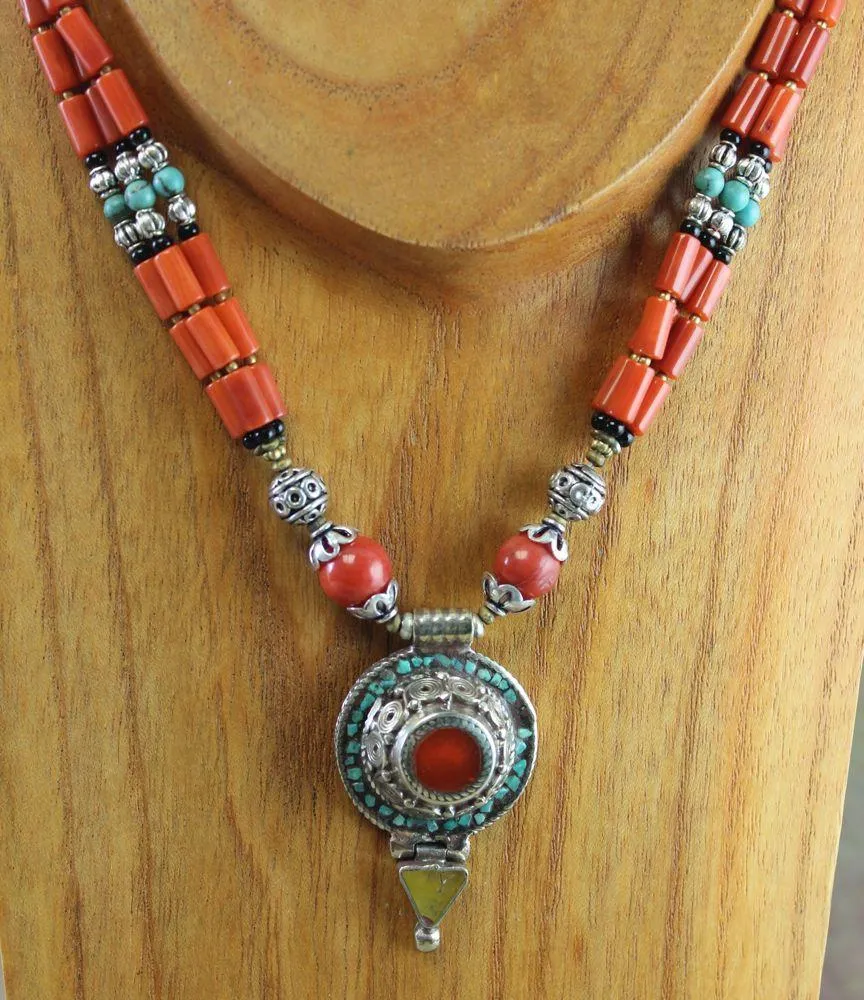 Traditional Tibetan Amber Turquoise and Coral Necklace