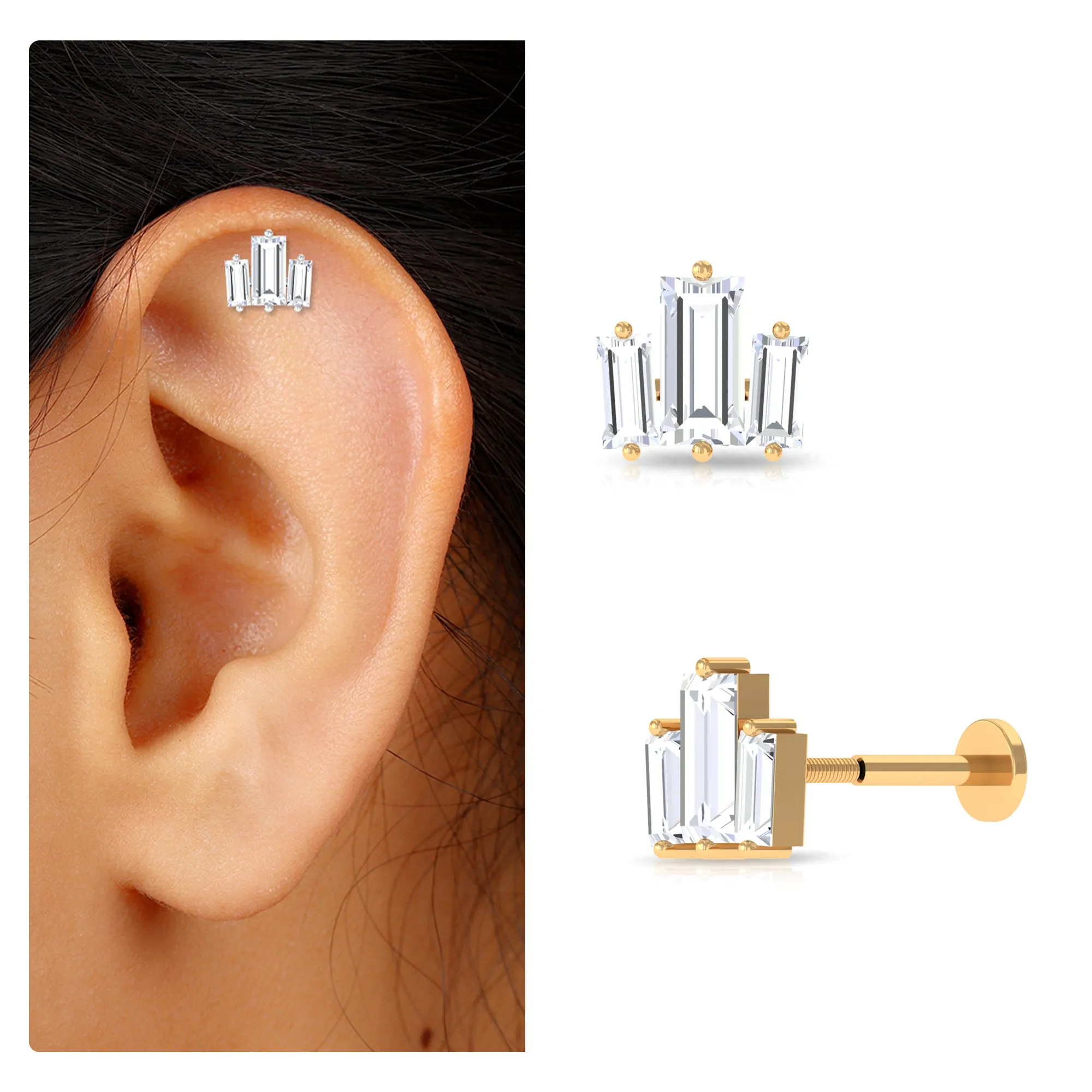 Triple Baguette Moissanite Earring for Cartilage Piercing