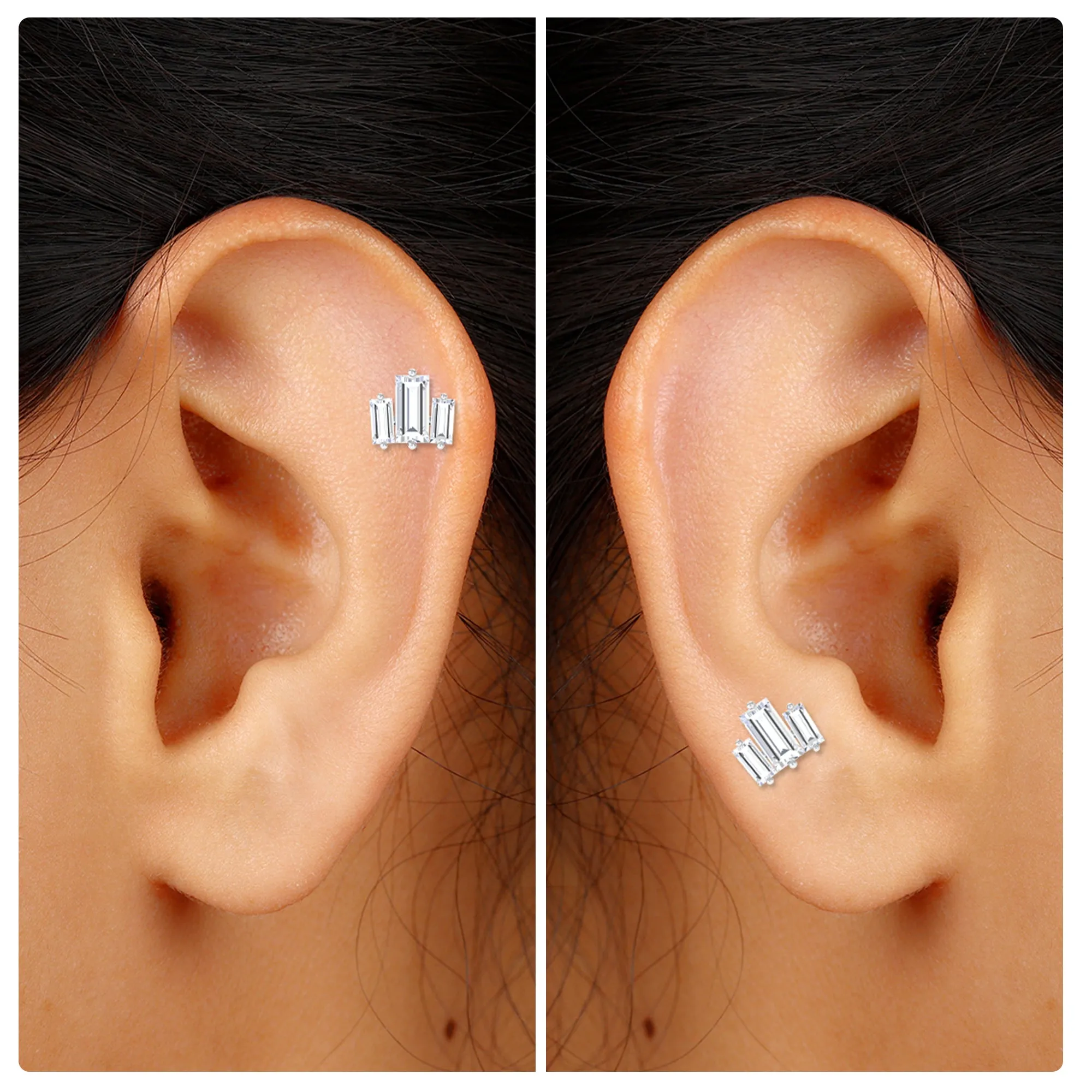 Triple Baguette Moissanite Earring for Cartilage Piercing