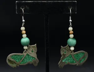 Vintage Handmade Alpaca and Malachite Cat Earrings