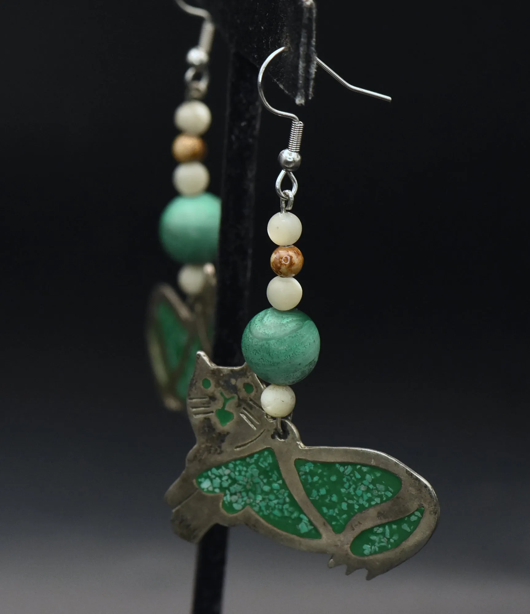 Vintage Handmade Alpaca and Malachite Cat Earrings