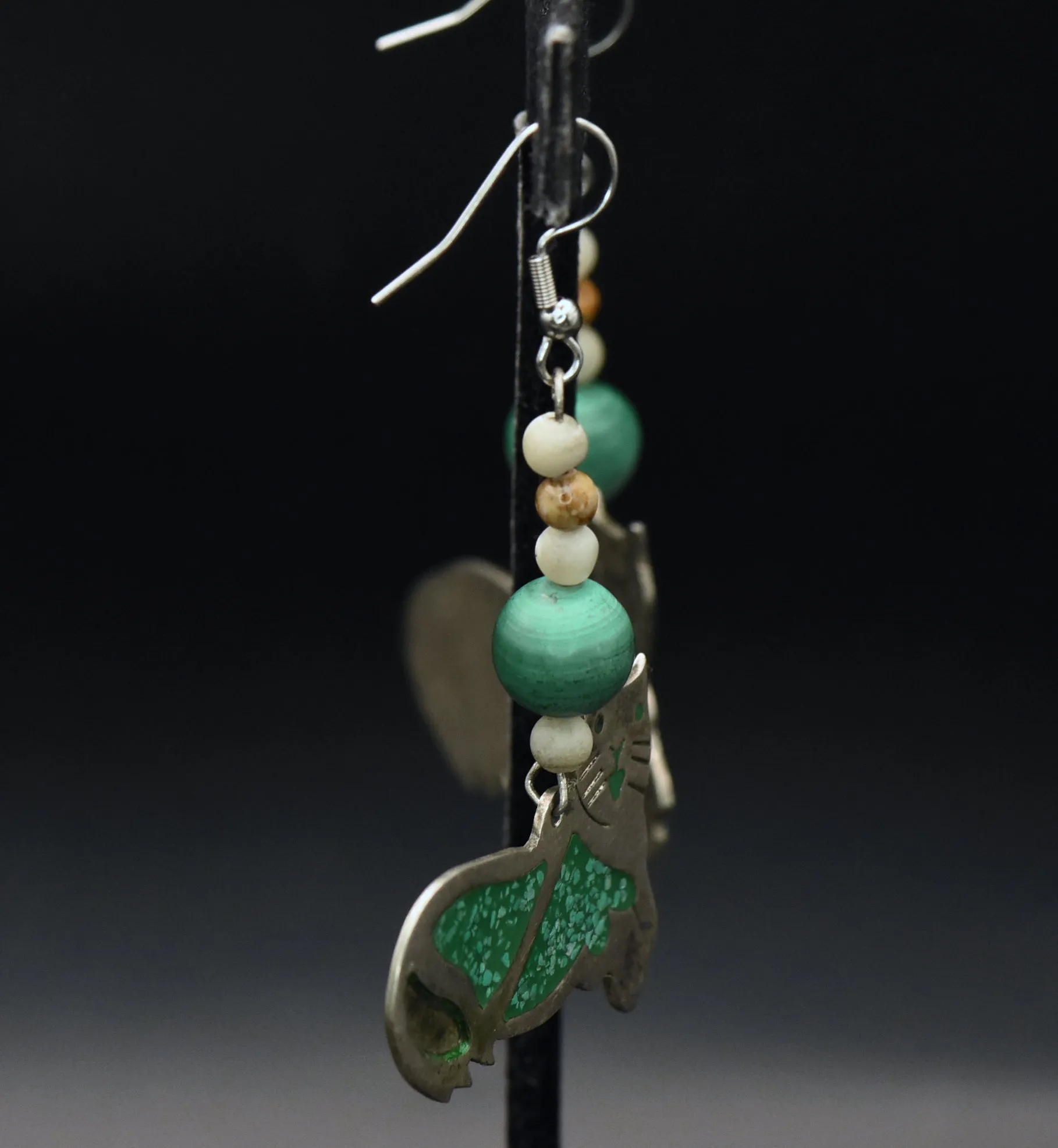 Vintage Handmade Alpaca and Malachite Cat Earrings