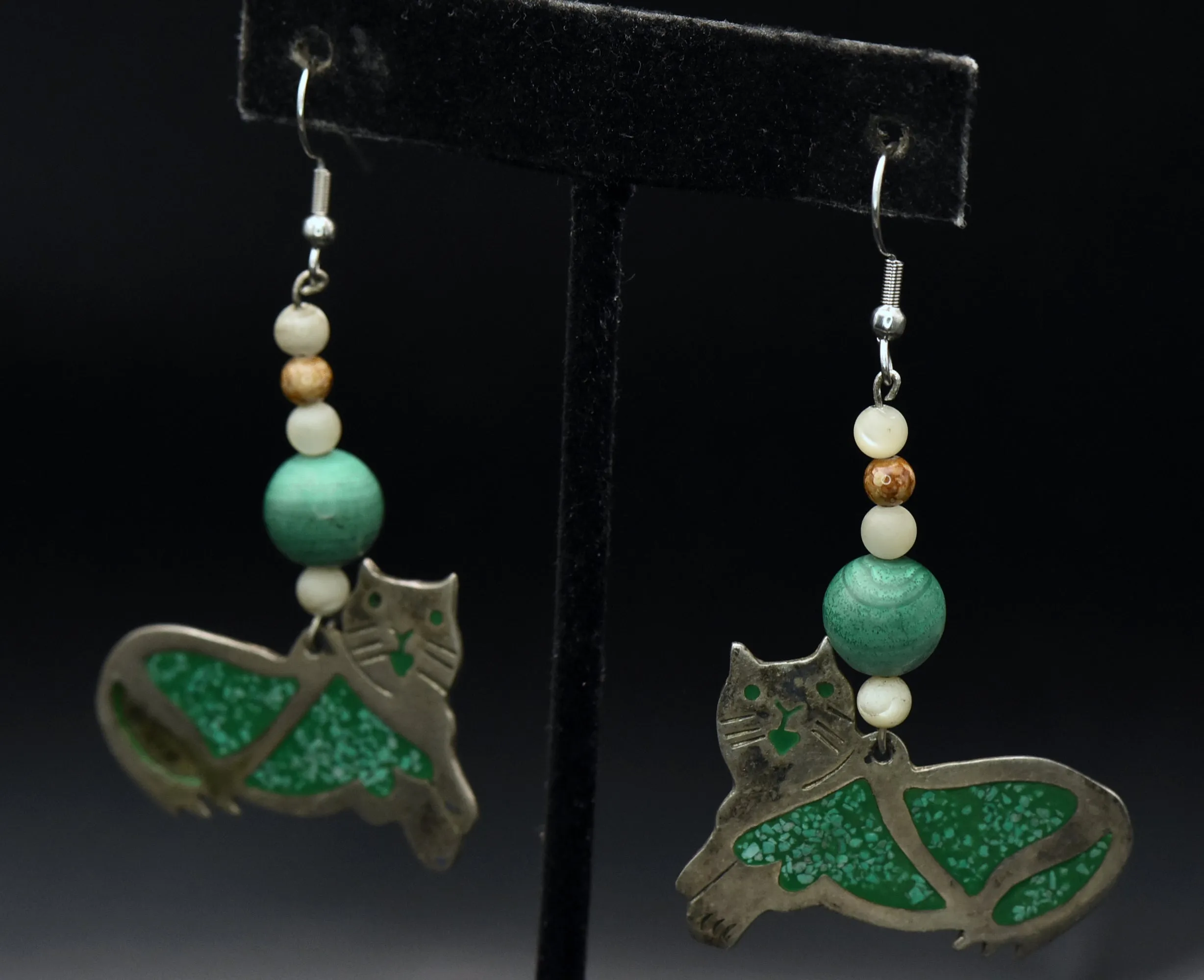 Vintage Handmade Alpaca and Malachite Cat Earrings