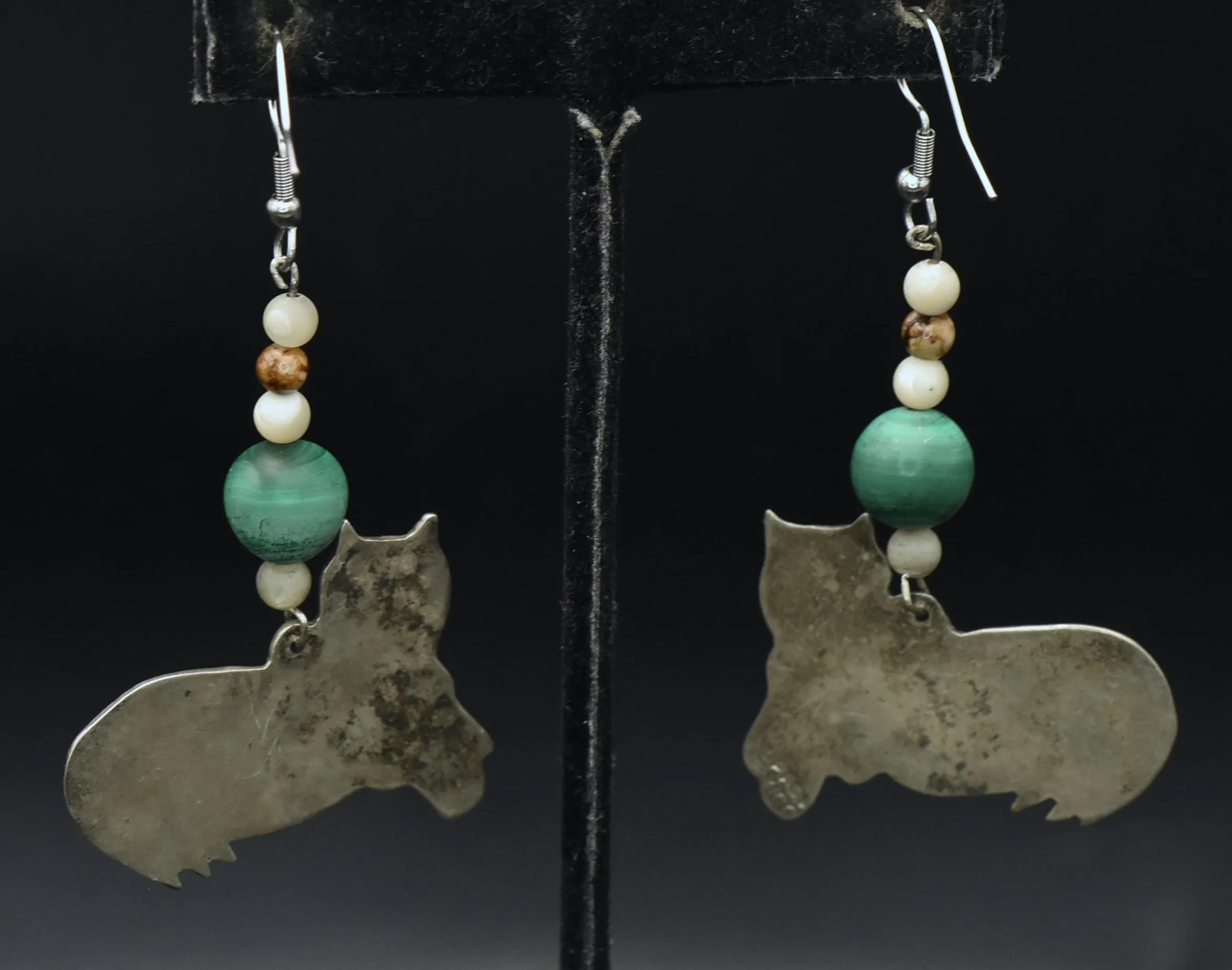 Vintage Handmade Alpaca and Malachite Cat Earrings