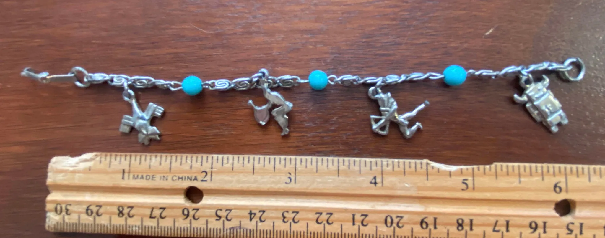 Vintage Silver Tone Metal Faux Turquoise Native American Charm Bracelet 6.25" Long