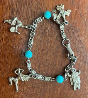 Vintage Silver Tone Metal Faux Turquoise Native American Charm Bracelet 6.25" Long