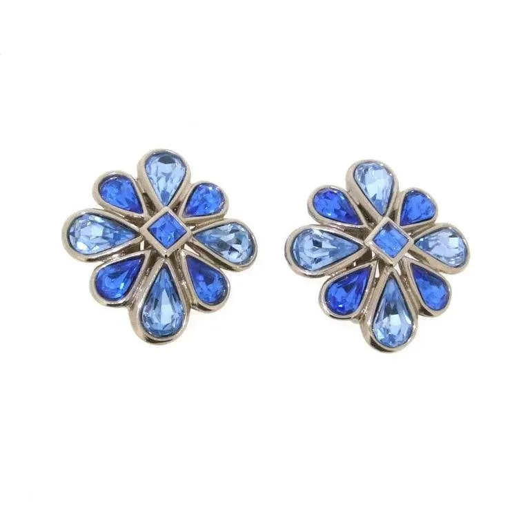 Vintage Yves Saint Laurent Earrings Silver and Blue Crystal Clip Ons