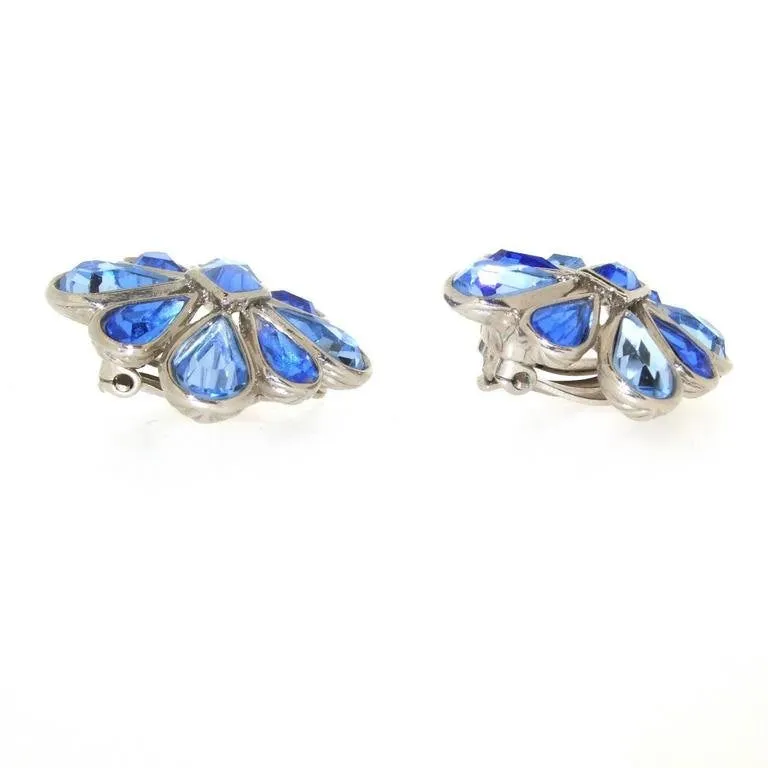 Vintage Yves Saint Laurent Earrings Silver and Blue Crystal Clip Ons