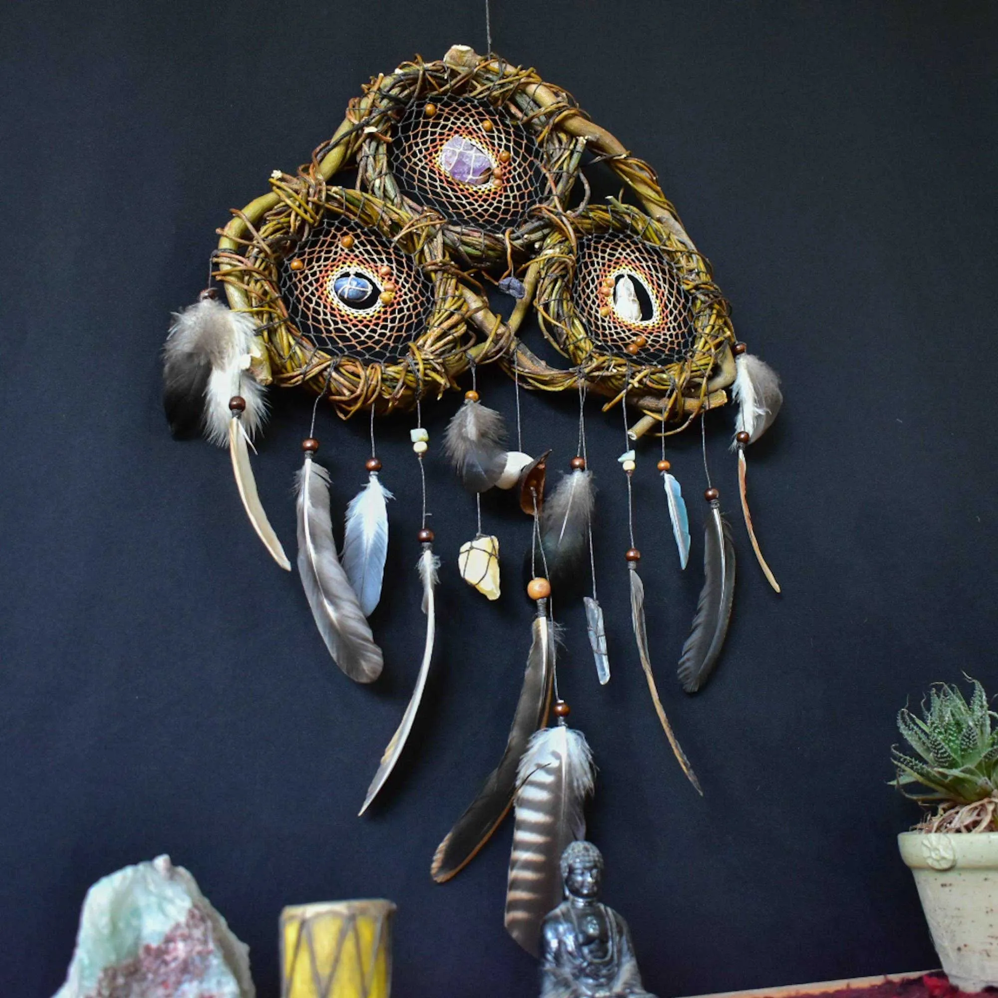 Wall dream catcher calming stones, boho rustic decor