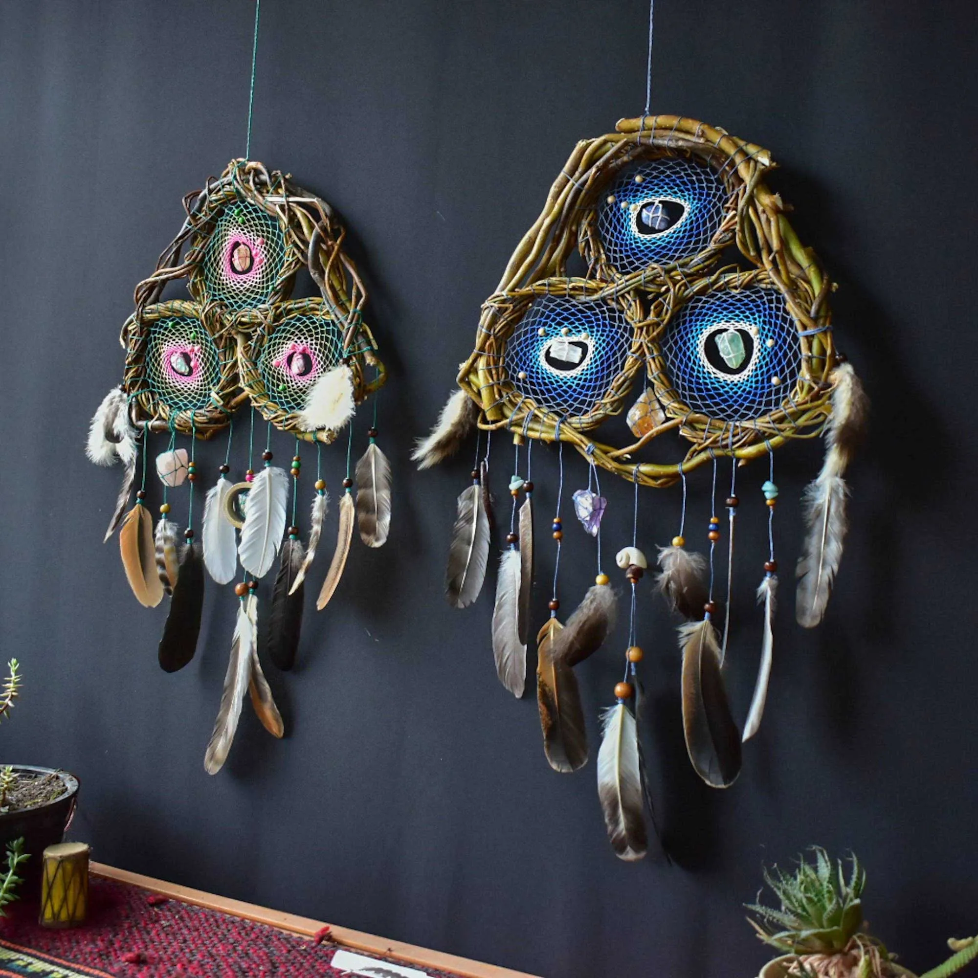 Wall dream catcher calming stones, boho rustic decor