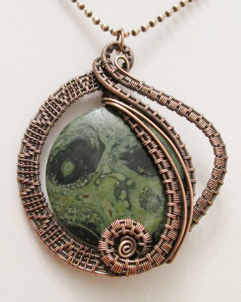 Wire Woven Oxidized Copper Kambaba Jasper Pendant Necklace