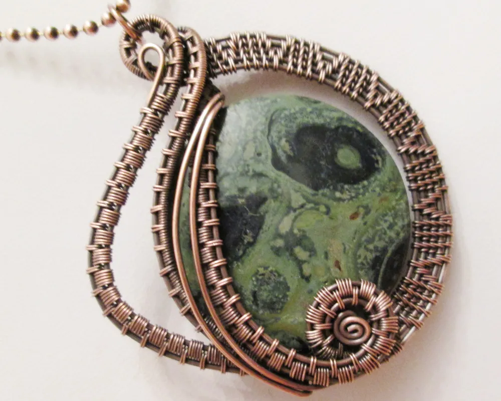 Wire Woven Oxidized Copper Kambaba Jasper Pendant Necklace