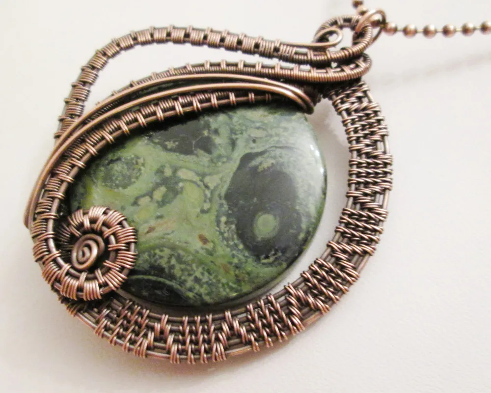 Wire Woven Oxidized Copper Kambaba Jasper Pendant Necklace