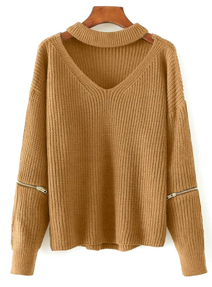 Women Knitted Choker Sweater V Neck Drop Shoulder