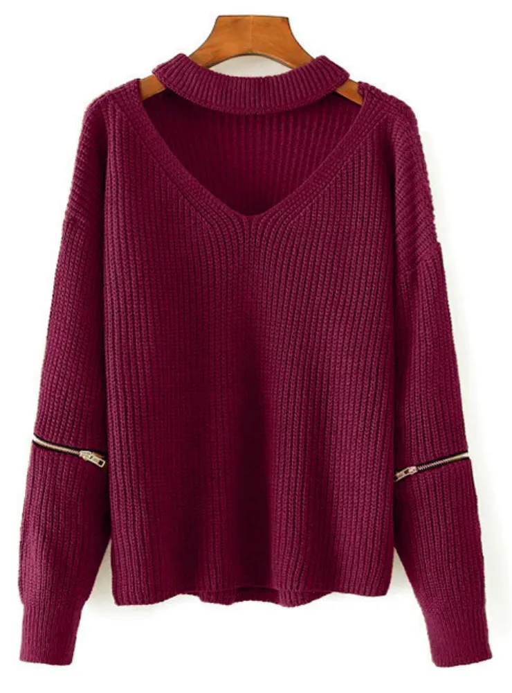 Women Knitted Choker Sweater V Neck Drop Shoulder