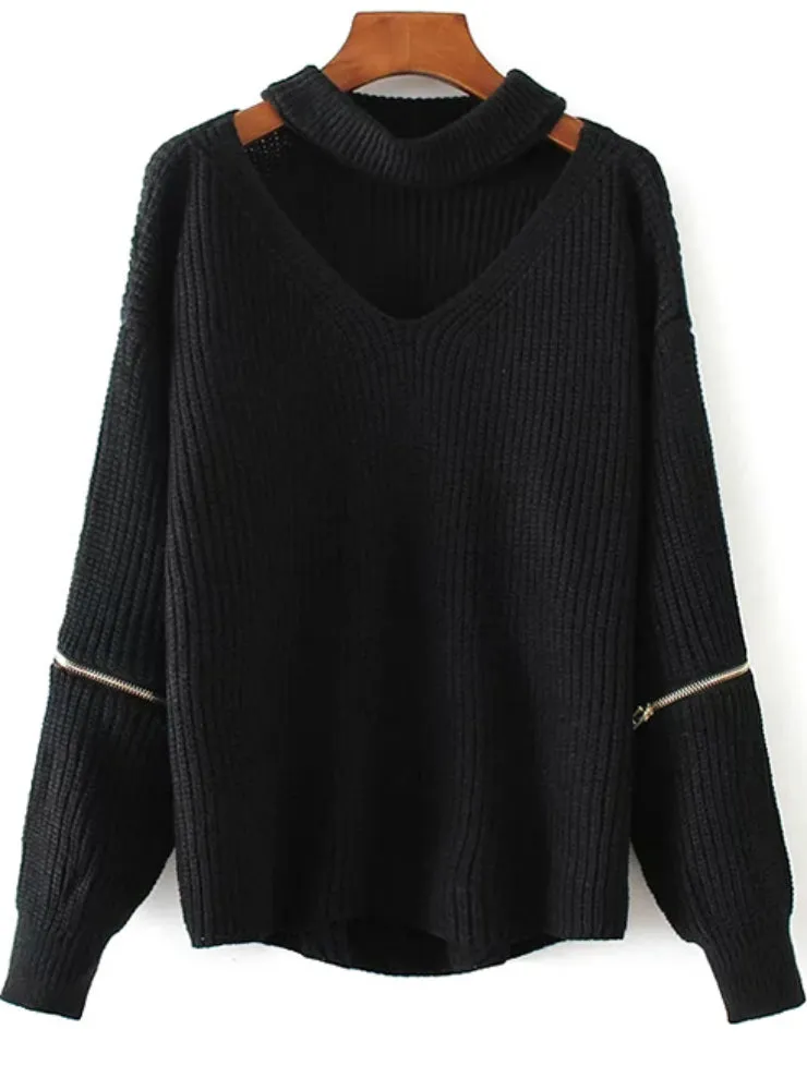 Women Knitted Choker Sweater V Neck Drop Shoulder