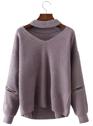 Women Knitted Choker Sweater V Neck Drop Shoulder