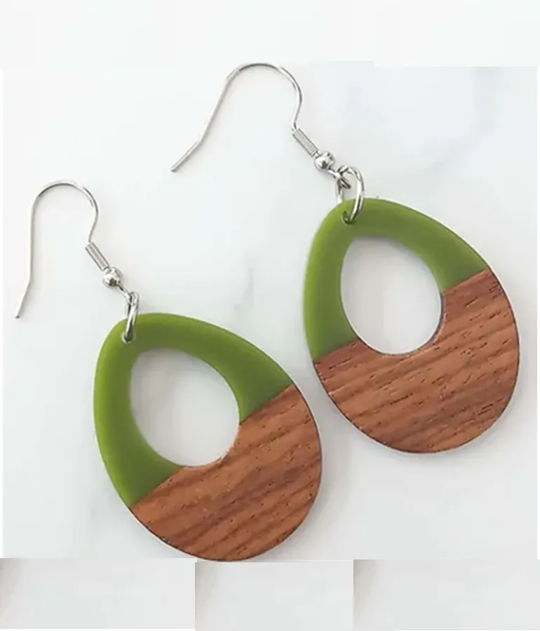 Wood Resin Stainless Steel Dangle Helli Earrings - Moss